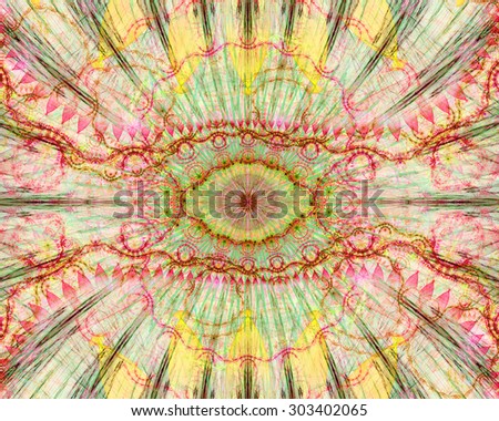 Abstract modern colorful background with a decorative eye-like symbol in the center and flower petal decoration surrounding it, all in light pastel red,yellow,pink,green
