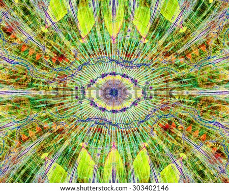 Abstract modern colorful background with a decorative eye-like symbol in the center and flower petal decoration surrounding it, all in bright vivid yellow,green,red,purple