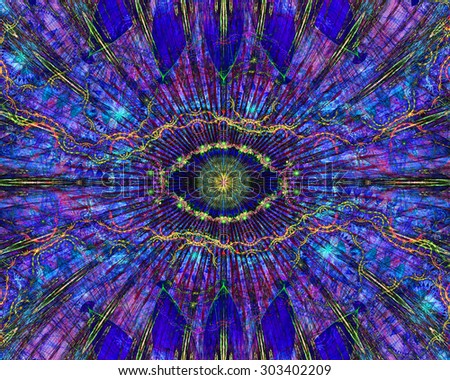 Abstract modern colorful background with a decorative eye-like symbol in the center and flower petal decoration surrounding it, all in dark vivid purple,pink,blue,yellow