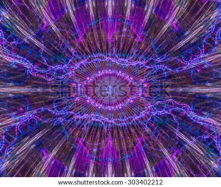 Abstract modern colorful background with a decorative eye-like symbol in the center and flower petal decoration surrounding it, all in pink,purple,blue