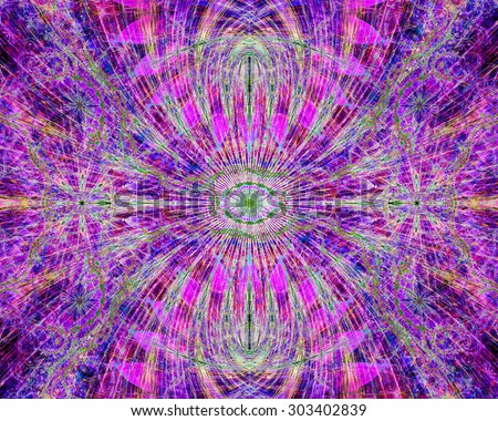 Abstract esoteric colorful background with a decorative eye in the center and flower ornamental decoration surrounding it, all in bright vivid pink,purple,blue,green