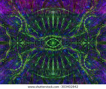 Abstract esoteric colorful background with a decorative eye in the center and flower ornamental decoration surrounding it, all in dark vivid purple,blue,pink,green
