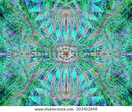 Abstract esoteric colorful background with a decorative eye in the center and flower ornamental decoration surrounding it, all in bright vivid teal,green,pink,blue