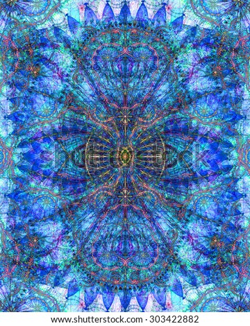 Abstract esoteric colorful background with a decorative star in the center and flower ornamental decoration surrounding it, all in dark and bright vivid blue,pink,yellow