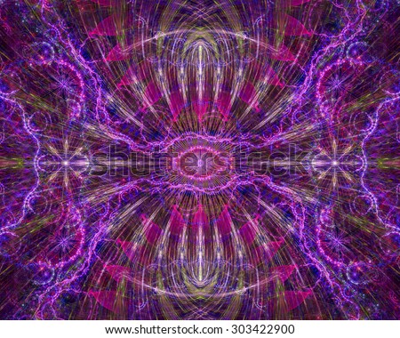 Abstract esoteric colorful background with a decorative eye in the center and flower ornamental decoration surrounding it, all in shining pink and purple