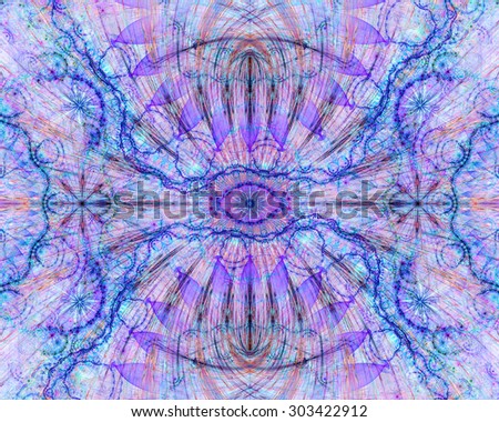 Abstract esoteric colorful background with a decorative eye in the center and flower ornamental decoration surrounding it, all in light pastel blue,teal,pink,purple