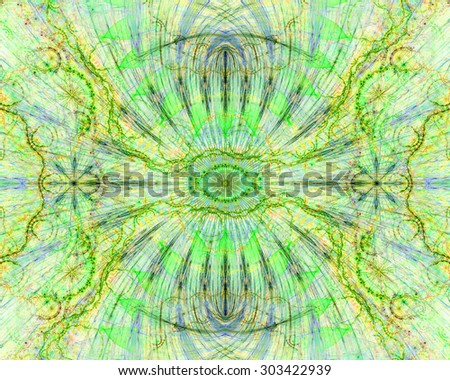 Abstract esoteric colorful background with a decorative eye in the center and flower ornamental decoration surrounding it, all in light pastel green,yellow,blue