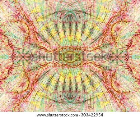 Abstract esoteric colorful background with a decorative eye in the center and flower ornamental decoration surrounding it, all in light pastel yellow,red,blue,green
