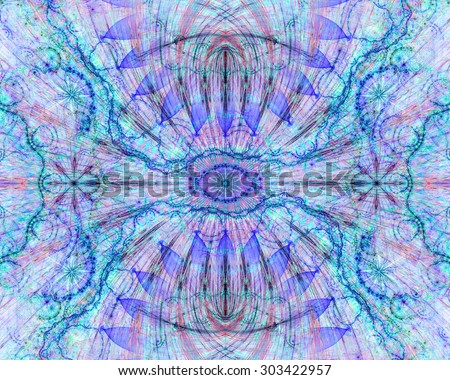 Abstract esoteric colorful background with a decorative eye in the center and flower ornamental decoration surrounding it, all in light pastel blue,cyan,pink,purple