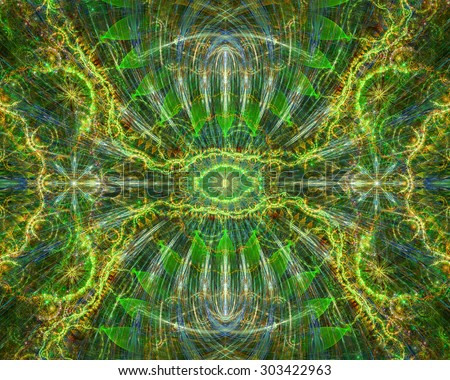 Abstract esoteric colorful background with a decorative eye in the center and flower ornamental decoration surrounding it, all in shining green,yellow,blue