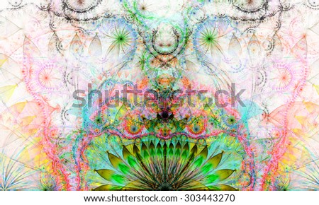 Abstract Psychedelic colorful background with a decorative alien like flower in the center and flower ornamental petals surrounding it, all in light pastel green,pink,red,yellow,teal