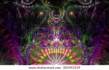 Abstract Psychedelic colorful background with a decorative alien like flower in the center and flower ornamental petals surrounding it, all in shining pink,purple,yellow,red,green