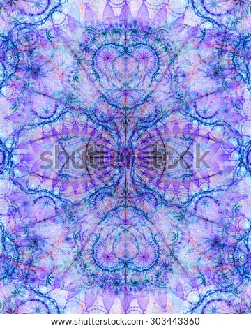 Abstract esoteric colorful background with a decorative star in the center and flower ornamental decoration surrounding it, all in pastel light blue and pink