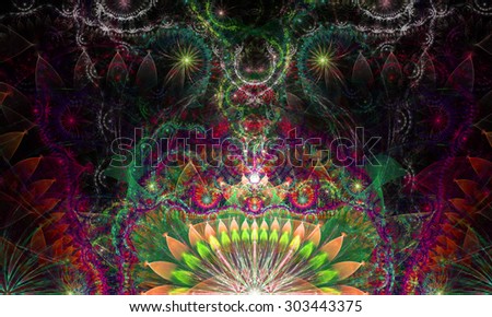Abstract Psychedelic colorful background with a decorative alien like flower in the center and flower ornamental petals surrounding it, all in shining pink,purple,yellow,green
