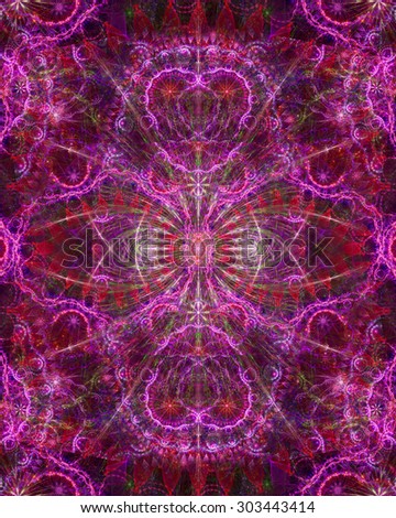 Abstract esoteric colorful background with a decorative star in the center and flower ornamental decoration surrounding it, all in glowing pink,red,purple