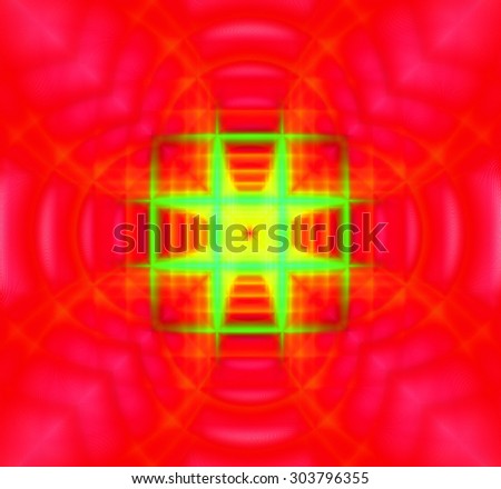 Abstract geometric background with a small square grid in the center with a descending pattern and surrounded by decorative arches, all in dark and bright vivid red,yellow,green