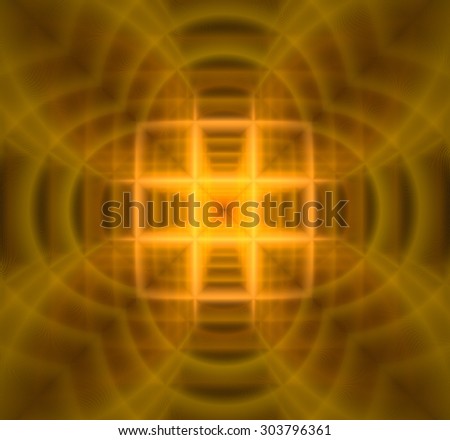 Abstract geometric background with a small square grid in the center with a descending pattern and surrounded by decorative arches, all in shining yellow and orange