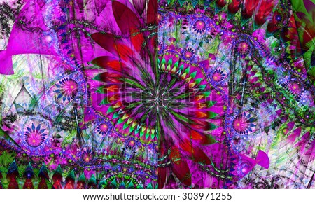 High resolution wallpaper of a psychedelic abstract alien sunflower deocrated with various flower and leafy ornaments in dark vivid pink,red,green,cyan