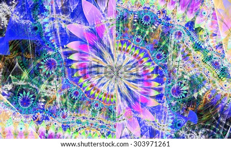 High resolution wallpaper of a psychedelic abstract alien sunflower deocrated with various flower and leafy ornaments in blue,pink,green,yellow
