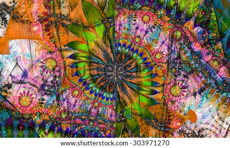 High resolution wallpaper of a psychedelic abstract alien sunflower deocrated with various flower and leafy ornaments in dark vivid pink,orange,blue,green