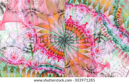 High resolution wallpaper of a psychedelic abstract alien sunflower deocrated with various flower and leafy ornaments in light pastel pink,red,orange,blue,green