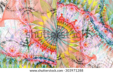 High resolution wallpaper of a psychedelic abstract alien sunflower deocrated with various flower and leafy ornaments in light pastel red,pink,yellow,green,blue