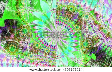 High resolution wallpaper of a psychedelic abstract alien sunflower deocrated with various flower and leafy ornaments in green,teal,pink