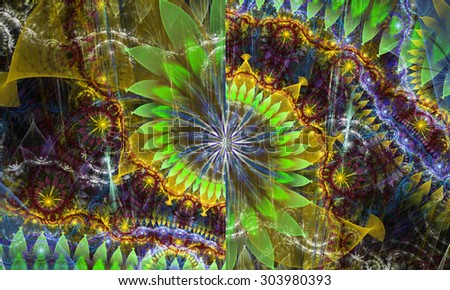 High resolution wallpaper of a psychedelic abstract alien sunflower deocrated with various flower and leafy ornaments in shining yellow,green,red,blue