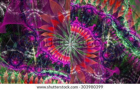 High resolution wallpaper of a psychedelic abstract alien sunflower deocrated with various flower and leafy ornaments in shining pink,red,green,yellow