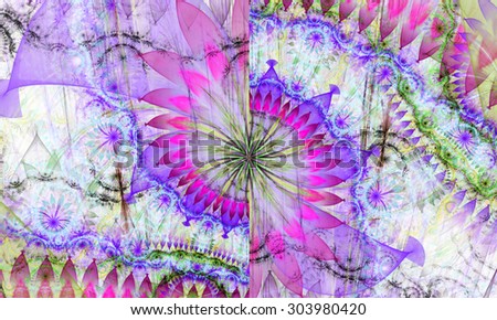 High resolution wallpaper of a psychedelic abstract alien sunflower deocrated with various flower and leafy ornaments in light pastel pink,purple,green