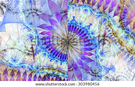 High resolution wallpaper of a psychedelic abstract alien sunflower deocrated with various flower and leafy ornaments in light pastel pink,purple,blue,yellow