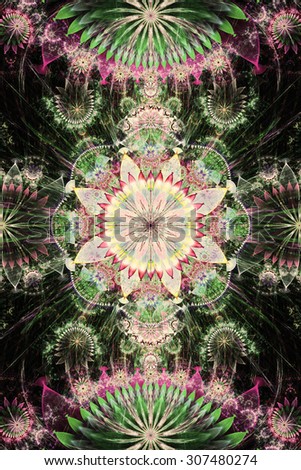 Abstract background with a  bright flower pattern of a larger center in the center surrounded by smaller ones and a large flat flower on the top and the bottom, all in green and pink