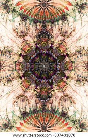 Abstract background with a vivid sepia tinted flower pattern of a larger center in the center surrounded by smaller ones and a large flat flower on the top and the bottom, all in red,green,purple
