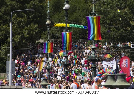 PRAGUE - AUGUST 15, 2015: Masses of people on the Svatopluk Cech bridge climbing to Letna park at the end of the parade during the fifth Prague Pride 2015 with up to 35,000 people attending