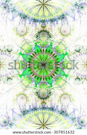 Abstract background with a pastel flower pattern of a larger center in the center surrounded by smaller ones and a large flat flower on the top and the bottom, all in green,blue,pink