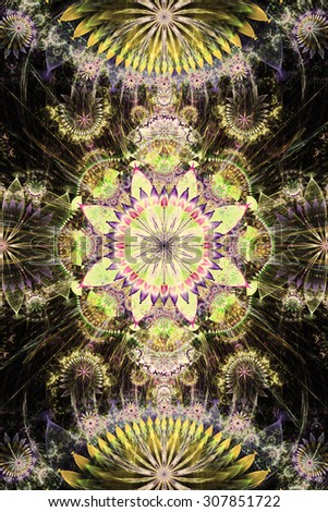 Abstract background with a bright flower pattern of a larger center in the center surrounded by smaller ones and a large flat flower on the top and the bottom, all in green,yellow,purple