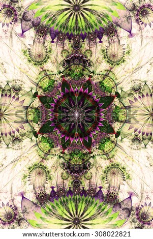 Abstract background with a vivid sepia tinted flower pattern of a larger center in the center surrounded by smaller ones and a large flat flower on the top and the bottom, in pink,purple,green,yellow