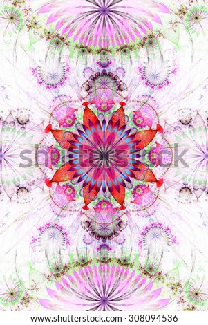 Abstract background with a pastel flower pattern of a larger center in the center surrounded by smaller ones and a large flat flower on the top and the bottom, all in pink, green, purple, red