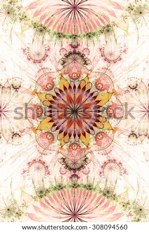 Abstract background with a pastel sepia tinted flower pattern of a larger center in the center surrounded by smaller ones and a large flat flower on the top and the bottom, all in pink,yellow,green