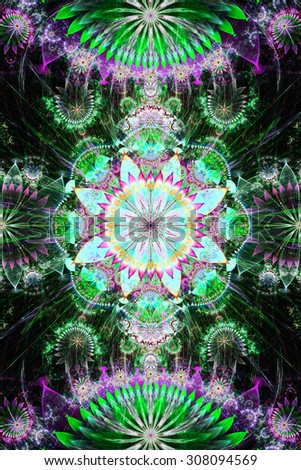 Abstract background with a bright flower pattern of a larger center in the center surrounded by smaller ones and a large flat flower on the top and the bottom, all in green,pink,cyan