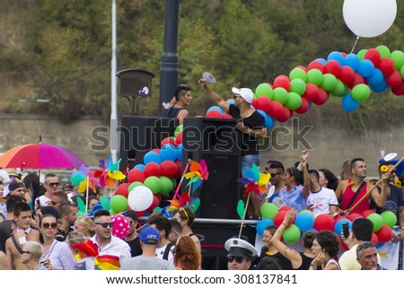 PRAGUE - AUGUST 15, 2015: Masses of people on the Svatopluk Cech bridge climbing to Letna park at the end of the parade during the fifth Prague Pride 2015 with up to 35,000 people attending
