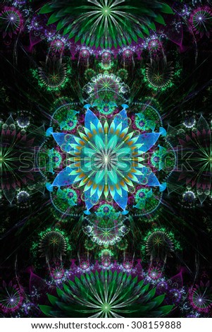 Abstract background with a glowing flower pattern of a larger center in the center surrounded by smaller ones and a large flat flower on the top and the bottom, all in green,blue,purple
