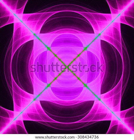 Abstract geometric background with a detailed geometric structures made from squares and semi circles and a large cross dividing it into four triangles, all in shining pink