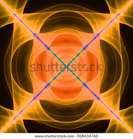 Abstract geometric background with a detailed geometric structures made from squares and semi circles and a large cross dividing it into four triangles, all in bright vivid orange and blue