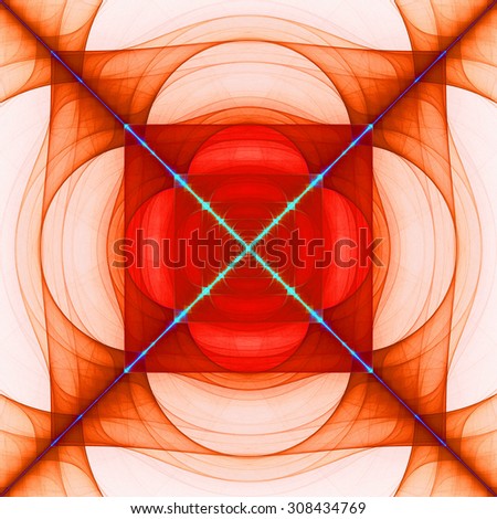 Abstract geometric background with a detailed geometric structures made from squares and semi circles and a large cross dividing it into four triangles, all in vivid pastel red