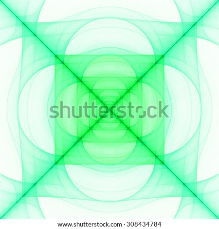 Abstract geometric background with a detailed geometric structures made from squares and semi circles and a large cross dividing it into four triangles, all in light pastel green and cyan