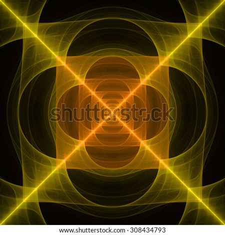 Abstract geometric background with a detailed geometric structures made from squares and semi circles and a large cross dividing it into four triangles, all in shining yellow,orange,green
