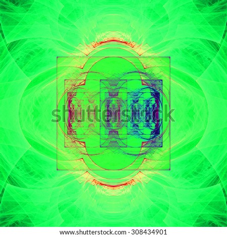 Abstract geometric background with a detailed geometric structures made from various lines, arches, squares, circles, all in bright vivid green,yellow,blue,pink
