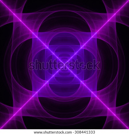 Abstract geometric background with a detailed geometric structures made from squares and semi circles and a large cross dividing it into four triangles, all in shining pink and purple