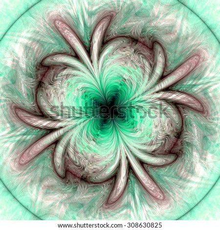 Detailed modern background of a circular flower with featherly petals in light  green and pink